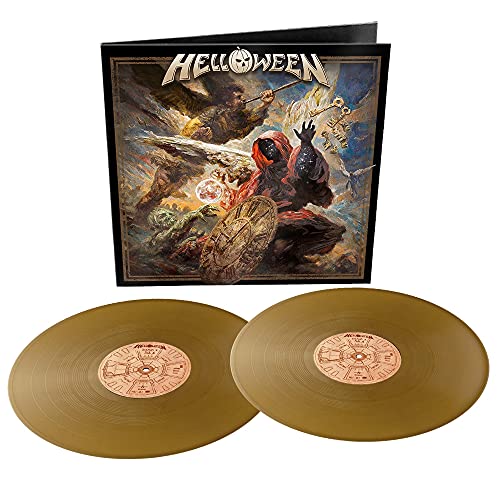 Helloween album cover with figures, a clock, and celestial imagery.