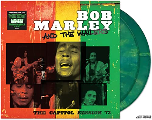 Bob Marley album cover with a collage of band members, green marble vinyl visible.
