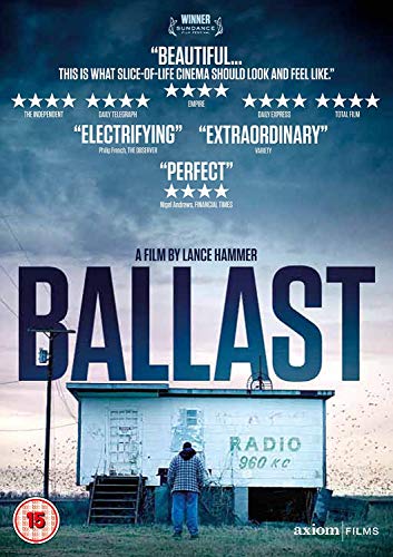 "Ballast DVD cover featuring a man standing outside a small building with 'RADIO 960 KC' written on it."