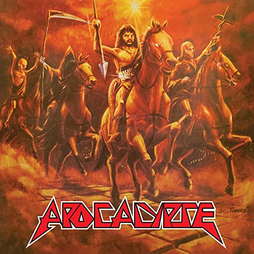 Painting of four horsemen riding through a fiery, smoky landscape.