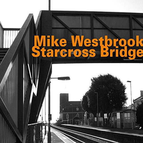 "Album cover with black and white train station image and orange text."