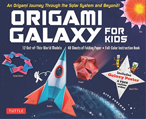 Origami Galaxy for Kids kit cover with folded paper rocket and planet.