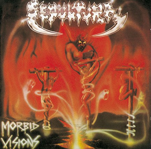 "Album cover with demon and crucified figures, red and black background, 'Morbid Visions' text."
