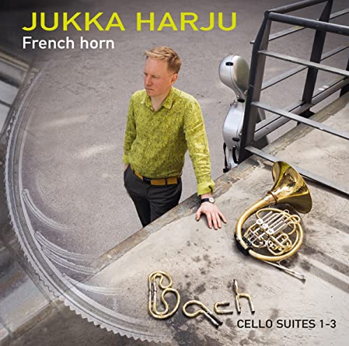 CD cover featuring musician Jukka Harju with a French horn and "Bach" logo.