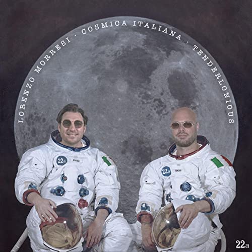 Two astronauts with sunglasses pose against a lunar backdrop.