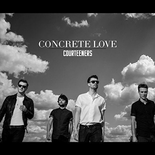 "Black and white image of the Courteeners band members against a cloudy sky."