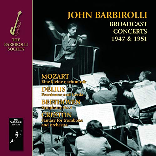 "CD cover with conductor John Barbirolli leading an orchestra, maroon and black design."