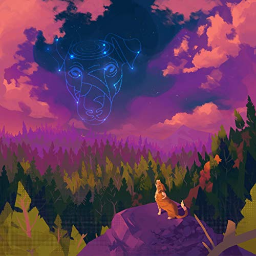 Album cover: dog’s face in the sky over a forest landscape.