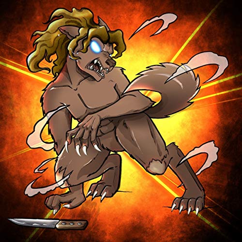 Illustration of a snarling werewolf with claws and a knife below.
