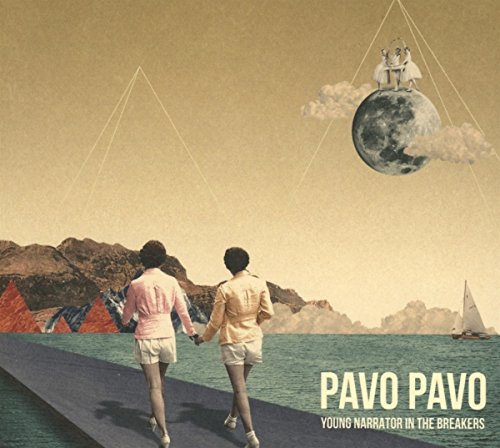 Album cover: two figures walking towards a moon with statues.