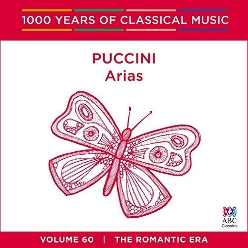 Red-bordered CD cover with butterfly illustration and "Puccini Arias" text on a white background.