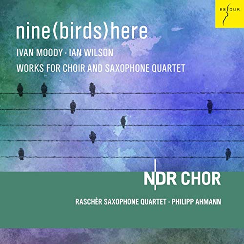 CD cover with birds on music staff, colorful background, and white text.