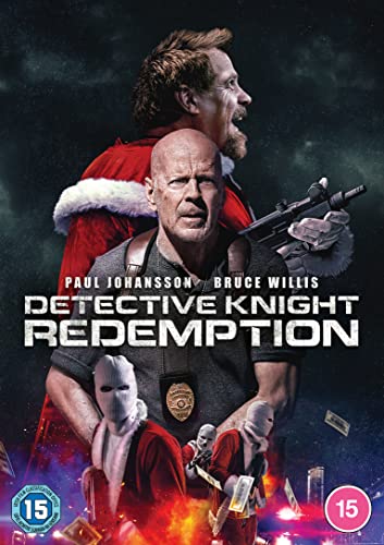 DVD cover for "Detective Knight: Redemption" featuring Bruce Willis and masked figures.