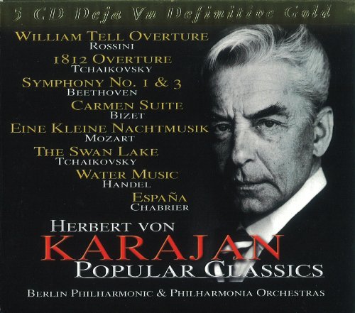 "CD cover with black background, portrait of Herbert Von Karajan, and listed classical music tracks."
