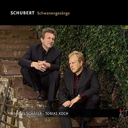 "CD cover with two men in suits sitting on stone steps surrounded by greenery."