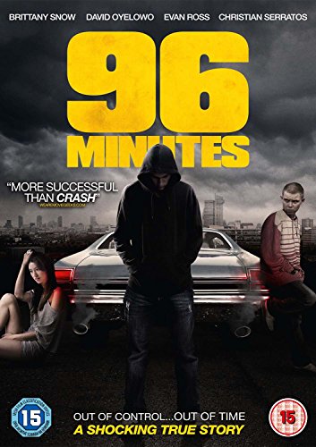 DVD cover for "96 Minutes" featuring a hooded figure and city skyline.