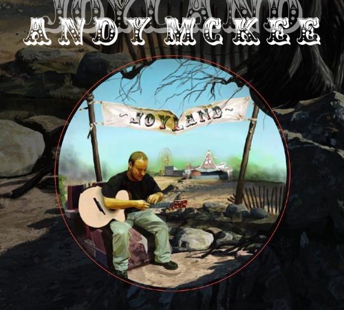 "Album cover featuring a man playing guitar outdoors with 'Joyland' banner."