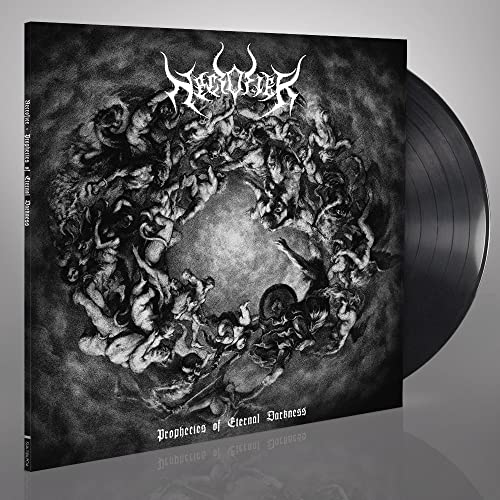 Black vinyl record with dark, detailed cover art of figures in torment.