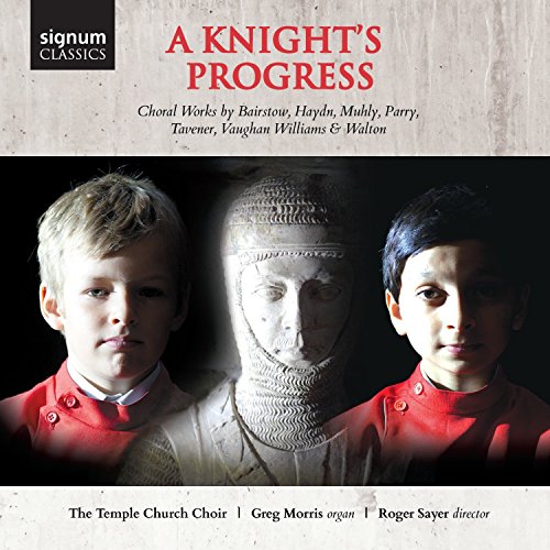 CD cover: boys in red robes with stone knight sculpture backdrop.