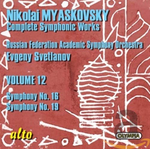 CD cover for Myaskovsky symphonies 16 & 19, red background, abstract art.