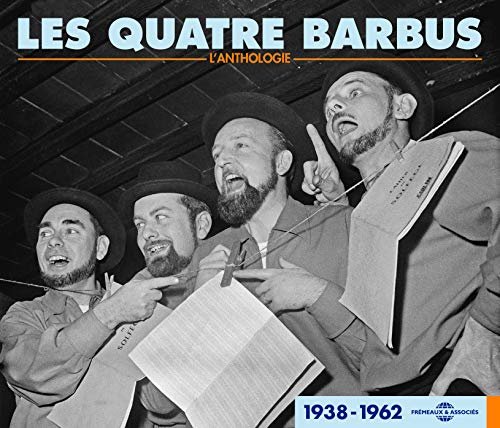 Black and white photo of four bearded men singing with sheet music.