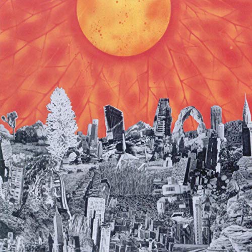 Collage of a city skyline beneath a large, orange sun.