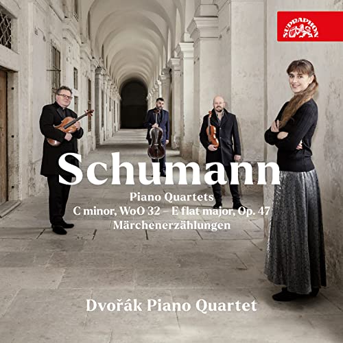 CD cover featuring musicians in an arched hallway, text “Schumann” and “Dvorak”.