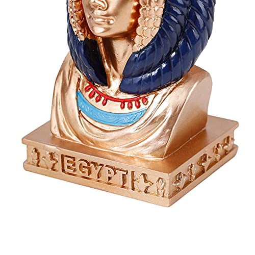 Golden bust of an Egyptian pharaoh with a blue striped nemes headdress.