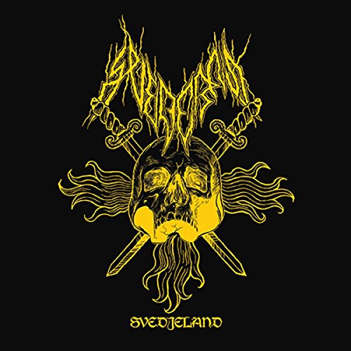 "Black album cover with yellow illustration of skull and swords, text 'Svedjeland' below."