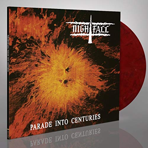 Nightfall album cover with fiery imagery and a red vinyl record edge.