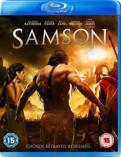 Blu-ray cover art for Samson featuring a muscular man standing between two figures.