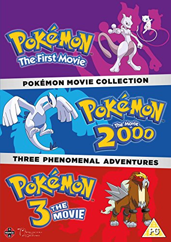 "Three-panel DVD cover featuring Pokémon characters and movie titles on colored backgrounds."