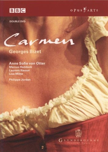 DVD cover for "Carmen" by Georges Bizet, featuring a woman in a red dress.