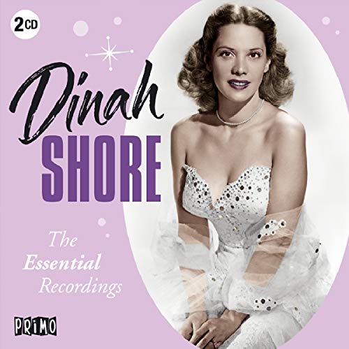 CD cover with black and white photo of Dinah Shore on lilac background.