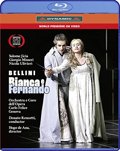 Blu-ray cover for opera "Bianca e Fernando" featuring two singers in costume.