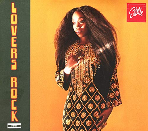 "Album cover with a woman in patterned dress against a yellow background, 'Lovers Rock' text."
