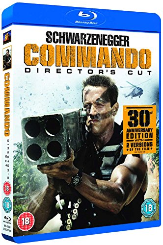 Blu-ray cover for Commando Director's Cut featuring Arnold Schwarzenegger holding a large rocket launcher.
