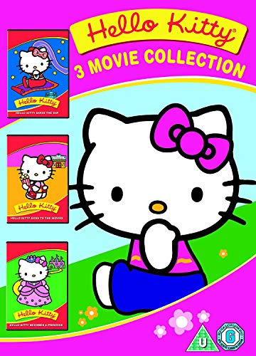 "Hello Kitty DVD cover featuring cartoon cat with pink bow and three movie case images."