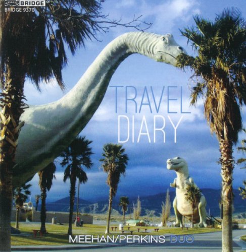 "CD cover featuring a dinosaur statue among palm trees with 'Travel Diary' text."