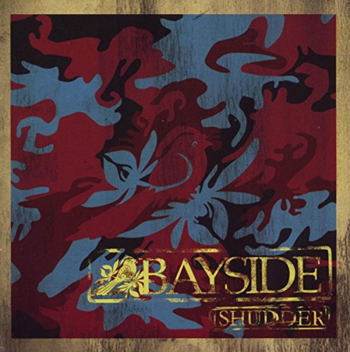 Bayside album cover with red and blue camouflage and gold text on a wooden background.