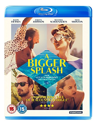 Blu-ray cover for "A Bigger Splash" featuring four actors in sunny scenes.