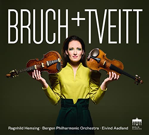 Violinist Ragnhild Hemsing with two violins, album cover for Bruch & Tveitt.