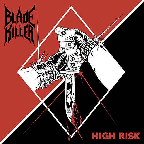 Album cover with a hand holding a bloody dagger on a red and black background.