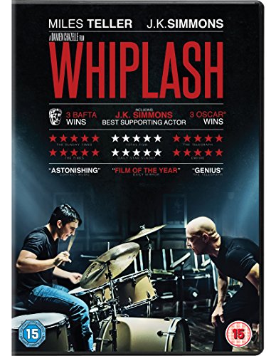 DVD cover for the film Whiplash showing a drummer and conductor with award text.