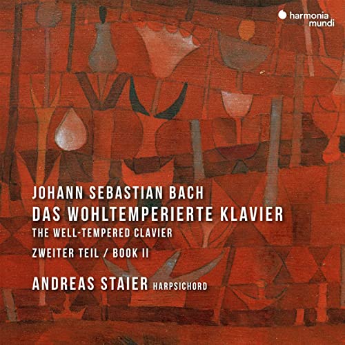 CD cover featuring abstract red floral patterns and text for Bach's Well-Tempered Clavier.