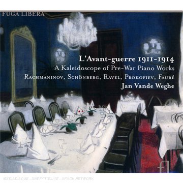 "CD cover art: dining room with overturned table, chandelier, and dark blue walls."