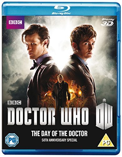 "Blu-ray case with 'Doctor Who: The Day of the Doctor' cover art featuring three Doctors."