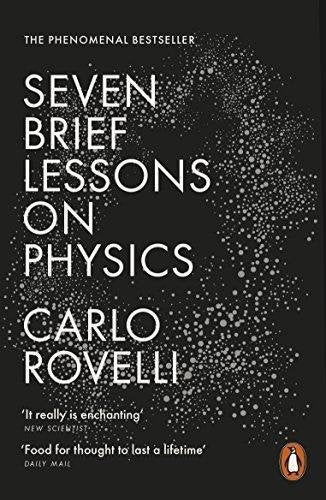 "Book cover of 'Seven Brief Lessons on Physics' by Carlo Rovelli, black with white text and dots."