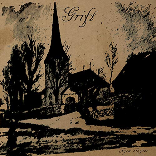 Sketch of a church and buildings on a textured, sepia-toned vinyl record cover.