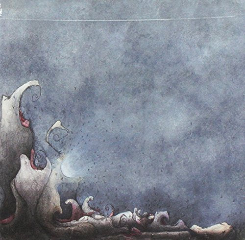Abstract watercolor painting of swirling shapes in shades of gray and white.